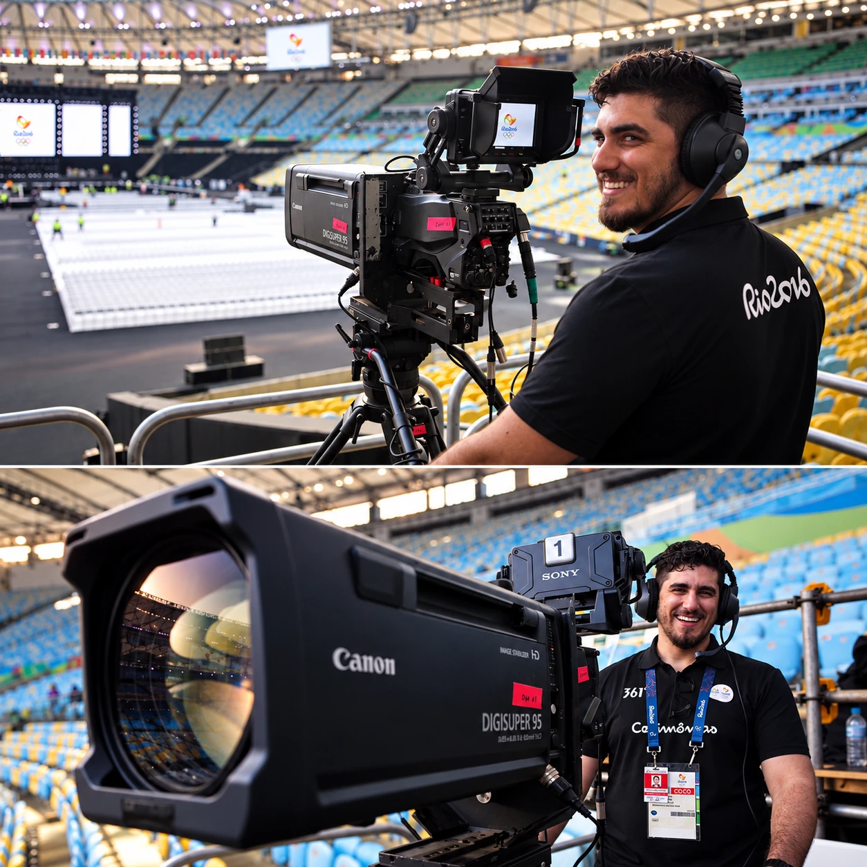 Duas perspectivas de Marcos Samerson no estádio dos Jogos Olímpicos Rio 2016, conhecendo uma câmera profissional de transmissão